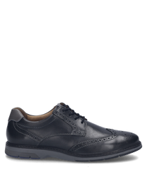 Elegante halfhoge schoen van zwart leer met veters. De schoen valt op door fijne brogue-details en een robuuste zool die comfort en stijl verenigt.