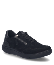 Schwarzer Sneaker mit Schnürung und seitlichem Reißverschluss gefertigt aus glattem Leder. Die Sohle ist in einem kontrastierenden Grau gehalten und verleiht dem Schuh einen modernen Look.