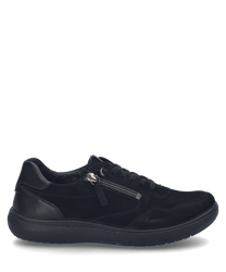Schwarzer Sneaker mit Schnürung und seitlichem Reißverschluss gefertigt aus glattem Leder. Die Sohle ist in einem kontrastierenden Grau gehalten und verleiht dem Schuh einen modernen Look.