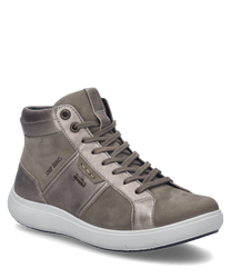 Der Sneaker in Taupe ist aus einem Materialmix gefertigt und verfügt über eine Schnürung. Besondere Merkmale sind die kontrastierenden Einsätze und die bequeme helle Sohle.