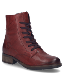 Die bordeauxfarbene Stiefelette besteht aus hochwertigem Leder und verfügt über eine Schnürung für optimalen Halt. Der Schuh hat einen flachen Absatz und ist ideal für einen stilvollen und komfortablen Auftritt.
