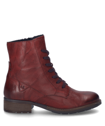Die bordeauxfarbene Stiefelette besteht aus hochwertigem Leder und verfügt über eine Schnürung für optimalen Halt. Der Schuh hat einen flachen Absatz und ist ideal für einen stilvollen und komfortablen Auftritt.