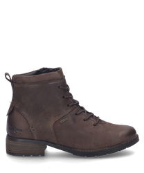 Die Stiefelette aus braunem Leder hat eine markante Schnürung und einen flachen Absatz. Sie besticht durch ihre robuste Verarbeitung und dezente Ziernähte ideal für einen lässigen und dennoch stilvollen Look.