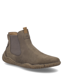 De taupe kleurige enkellaars van zacht materiaal heeft een zijrits en elastische inzetten voor extra comfort. De robuuste zool biedt betrouwbare grip en rondt het elegante ontwerp af.