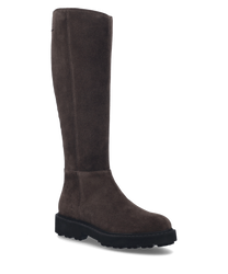 Brauner Stiefel aus Wildleder mit hohem Schaft und einem seitlichen Reißverschluss. Robuste Sohle für besseren Halt und Komfort.