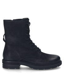 La botte noire est fabriquée en un matériau lisse et dispose d'un laçage comme fermeture. Elle se distingue par un design simple et élégant idéal pour diverses occasions.