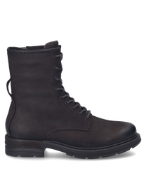 Botte en cuir marron foncé avec lacets. La chaussure a une semelle robuste et un look minimaliste et élégant.