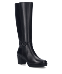 Schwarze Stiefel mit Reißverschluss aus glattem Leder. Der Stiefel hat einen Blockabsatz und eine dekorative Schnalle am Schaft.