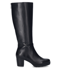 Schwarze Stiefel mit Reißverschluss aus glattem Leder. Der Stiefel hat einen Blockabsatz und eine dekorative Schnalle am Schaft.