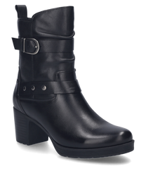 Schwarzer Stiefel mit Reißverschluss aus glattem Leder verziert mit einem dekorativen Riemen und Schnalle. Der Stiefel hat einen mittelhohen Absatz und ist ideal für einen eleganten Look.