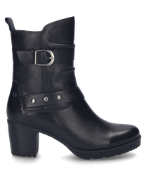 Schwarzer Stiefel mit Reißverschluss aus glattem Leder verziert mit einem dekorativen Riemen und Schnalle. Der Stiefel hat einen mittelhohen Absatz und ist ideal für einen eleganten Look.