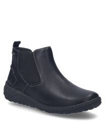 Ein schwarzer Halbschuh aus Leder mit Reißverschluss der eine glatte Oberfläche und hellgraue Nähte aufweist. Der Schuh hat eine robuste profilierte Sohle für zusätzlichen Halt.