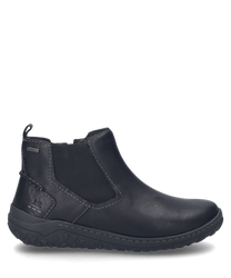 Ein schwarzer Halbschuh aus Leder mit Reißverschluss der eine glatte Oberfläche und hellgraue Nähte aufweist. Der Schuh hat eine robuste profilierte Sohle für zusätzlichen Halt.