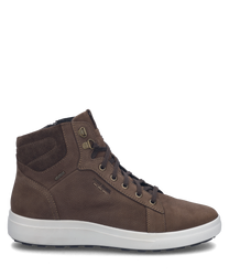 Brauner Sneaker aus Leder mit Schnürung und hohem Schaft. Weißer Gummisohle und dezente Markenprägung seitlich für stilvollen Komfort.