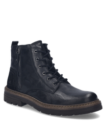 Die schwarze Stiefelette aus Leder verfügt über eine Schnürung und einen seitlichen Reißverschluss. Der Schuh hat eine robuste Sohle mit Nähten und ein eingesticktes Logo an der Ferse.