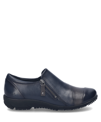 Eleganter Halbschuh aus dunkelblauem Leder mit seitlichem Reißverschluss für einfaches Anziehen. Die abgerundete Spitze und die genähten Details verleihen dem Schuh einen stilvollen Look.