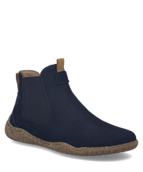 Elegante Stiefelette aus dunkelblauem Wildleder mit seitlichem Reißverschluss. Die flexible Sohle und der kontrastierende braune Rand verleihen Komfort und Stil.