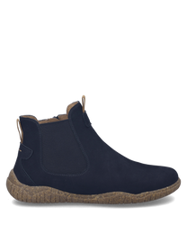 Elegante Stiefelette aus dunkelblauem Wildleder mit seitlichem Reißverschluss. Die flexible Sohle und der kontrastierende braune Rand verleihen Komfort und Stil.