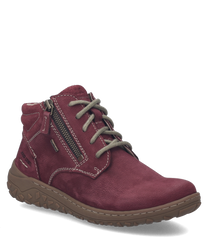 Niski but w kolorze bordowym z zamszu. Posiada sznurowanie oraz zamek błyskawiczny po bokach dla ułatwienia zakładania.