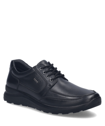 Schwarzer Sneaker aus Leder mit Schnürung. Der Schuh zeichnet sich durch seine schlichte Eleganz und robuste Verarbeitung aus.