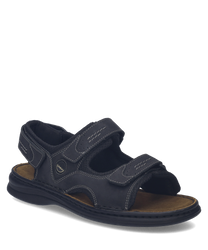 Sandalias de cuero negras con cierre de velcro. Diseño cómodo y resistente ideal para uso diario.