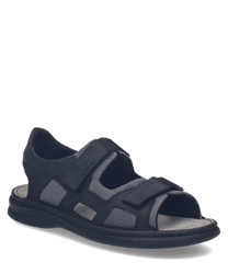 Sandales en cuir noir avec fermeture Velcro. Design aéré et semelle confortable pour un usage quotidien.