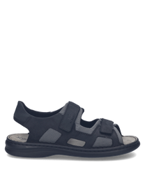 Sandales en cuir noir avec fermeture Velcro. Design aéré et semelle confortable pour un usage quotidien.