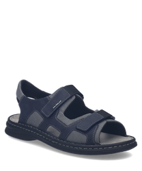 Sandales en cuir bleu foncé avec fermeture Velcro. Design ouvert avec coutures apparentes et semelle confortable.