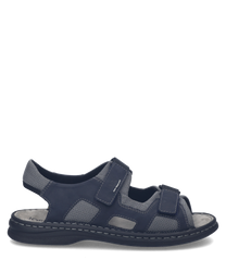 Sandales en cuir bleu foncé avec fermeture Velcro. Design ouvert avec coutures apparentes et semelle confortable.