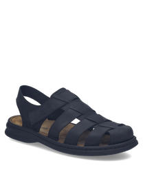 Schwarze Sandale aus Leder mit praktischem Klettverschluss. Offenes Design für luftigen Komfort ideal für den Sommer.