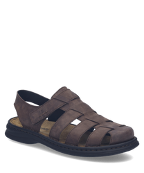 Sandales en cuir marron avec fermeture Velcro. Semelle noire antidérapante confortable pour un usage quotidien.