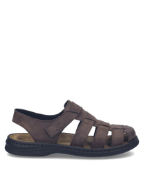 Sandales en cuir marron avec fermeture Velcro. Semelle noire antidérapante confortable pour un usage quotidien.