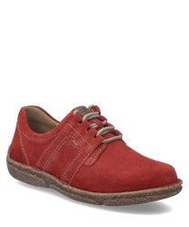 Zapato bajo de color rojo con cordones. Hecho de gamuza con suela marrón texturizada.