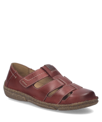 The shoe is a low-cut style with a Velcro closure made from smooth red leather. It features cut-out details and a sturdy sole for comfort and durability.