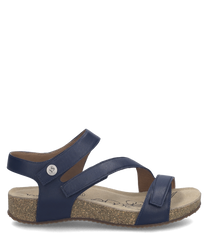 Dunkelblaue Sandale mit Klettverschluss. Obermaterial aus glattem Lederimitat mit bequemer Korksohle.