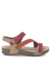 These sandals feature a beige leather base with vibrant red and orange Velcro straps. The cork sole adds a natural touch and provides comfort for everyday wear.