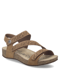 Braune Sandale aus Leder mit Klettverschluss. Perforiertes Design auf den Riemen und Korksohle bieten Komfort und Stil.