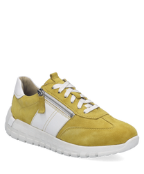 Gelber Sneaker aus Wildleder mit weißer Sohle und Schnürung. Seitlicher Reißverschluss als besonderes Merkmal.