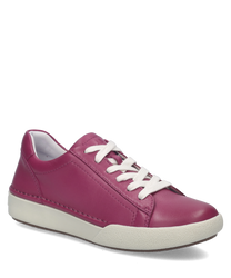 Moderner Sneaker aus glattem pinkfarbenem Leder. Der Schuh hat eine weiße Schnürung und eine robuste helle Sohle für optimalen Halt.