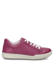 Moderner Sneaker aus glattem pinkfarbenem Leder. Der Schuh hat eine weiße Schnürung und eine robuste helle Sohle für optimalen Halt.