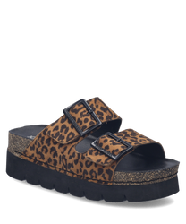 Sandalias de velcro con diseño de estampado animal en tonos marrones y negros. Suela gruesa negra y cierre ajustable para mayor comodidad.