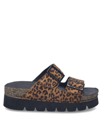 Sandalias de velcro con diseño de estampado animal en tonos marrones y negros. Suela gruesa negra y cierre ajustable para mayor comodidad.