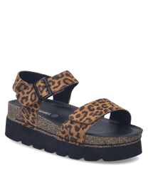 Leopard print sandals with Velcro straps and a chunky black sole. The platform has a glittery finish adding a stylish touch to the design.