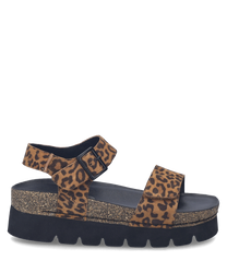 Leopard print sandals with Velcro straps and a chunky black sole. The platform has a glittery finish adding a stylish touch to the design.