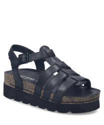 Zwarte sandaal met een klittenbandsluiting en plateauzool. Gemaakt van leer met een comfortabele pasvorm ideaal voor zomerse dagen.