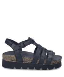 Zwarte sandaal met een klittenbandsluiting en plateauzool. Gemaakt van leer met een comfortabele pasvorm ideaal voor zomerse dagen.
