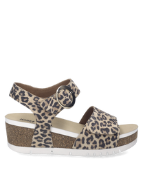 Sandales en velcro avec imprimé léopard. Semelle compensée marron avec bandes blanches pour un confort optimal et un style moderne.
