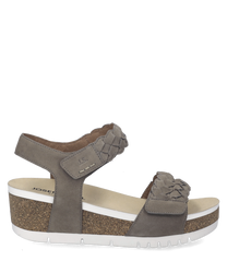 Graue Sandale aus Leder mit Klettverschluss. Geflochtene Details und Korkabsatz verleihen einen modernen Look.