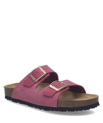 These sandals feature a pink leather upper with a cork sole. They have a buckle closure for a secure fit.