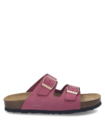These sandals feature a pink leather upper with a cork sole. They have a buckle closure for a secure fit.
